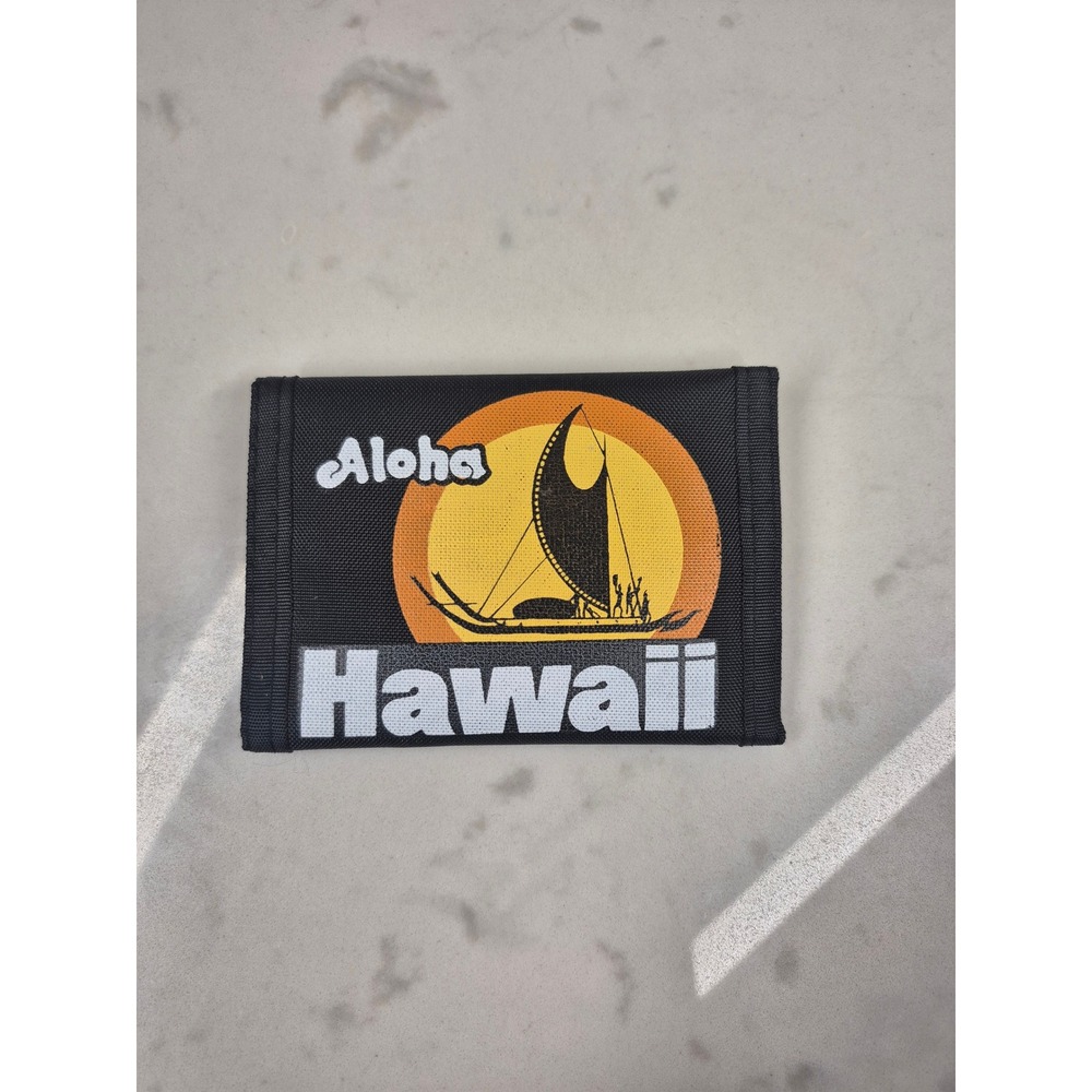 Aloha Hawaii Black Nylon Trifold Wallet Sunset Sailing Canoe Surf Retro
